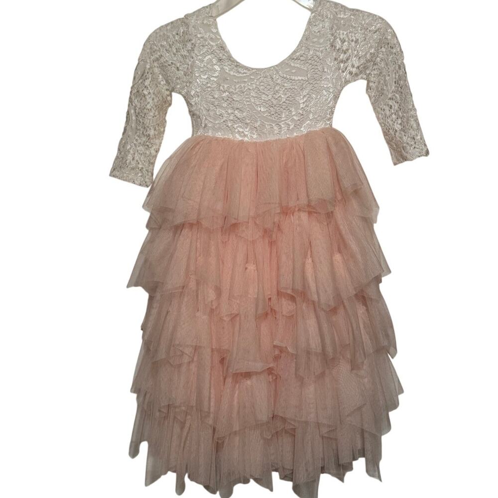 Girl's White Floral Bodice Blush Tulle Tiered Skirt Quarter Sleeve Size 100=3-4